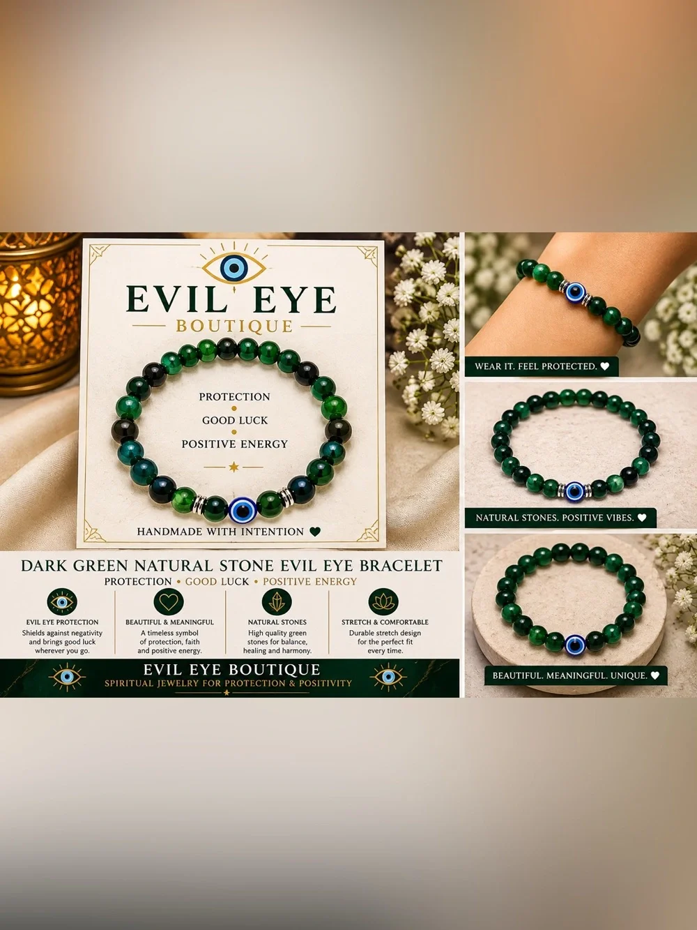 🧿 Evil Eye Natural Stone Bracelet in Dark Green🧿